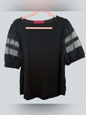 Love Scarlett Black Puff-Sleeve Blouse with Sheer Dotted Panels